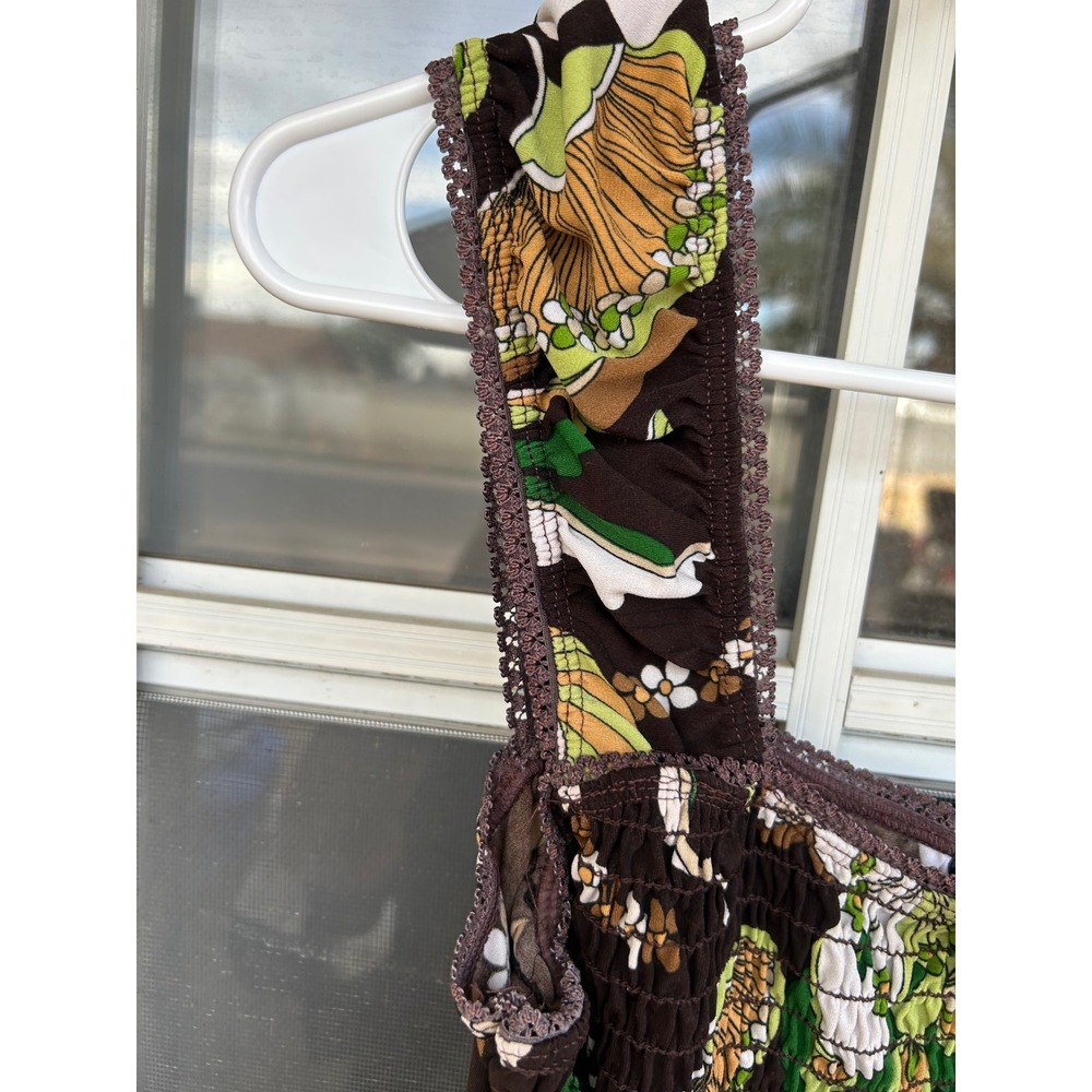 Y2k Brown Green Floral Psychedelic Smocked Babydoll Square Neck Top Retro Boho - Picture 9 of 10